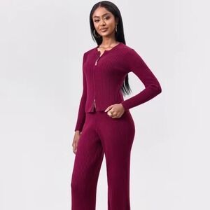 ✨Katch Me Womens Ribbed Knit 2 Piece Set Burgundy Zipper Cardigan Wide Leg Pants